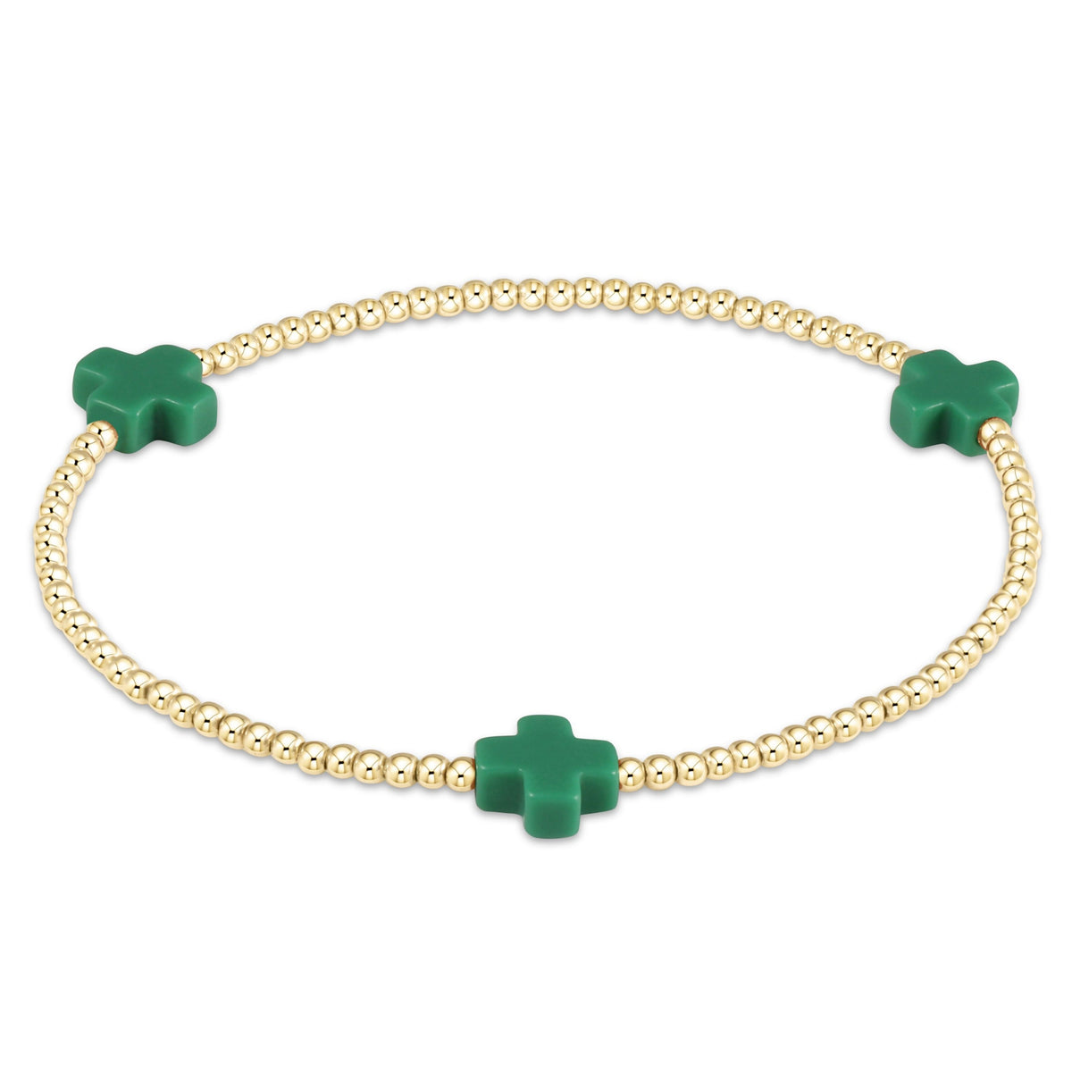 Signature Cross 2mm gold-filled bead bracelet with three green cross charms.
