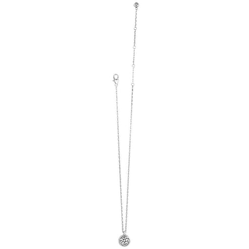 Contempo Medallion Petite Necklace in silver with an adjustable chain and lobster claw closure.