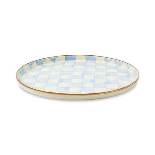 Round steel tray with hand-applied Sky Blue Check decoration and bronzed stainless rim.