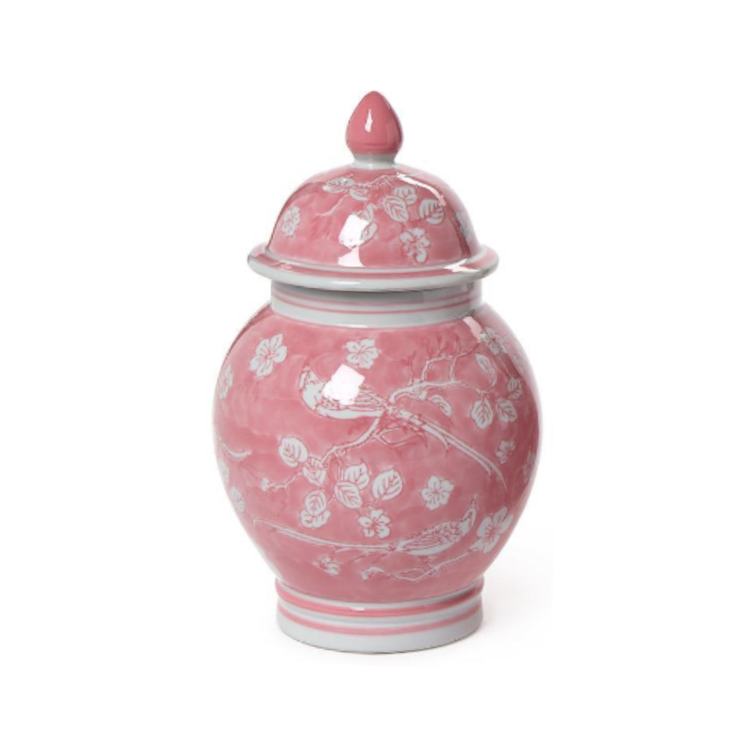 Hand-Painted Pink Chinoiserie Covered Jars - Ceramic