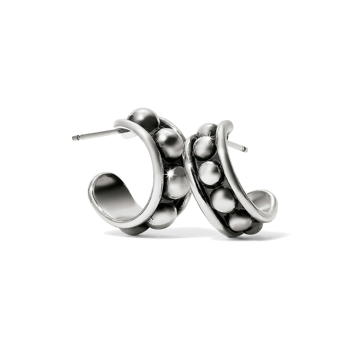 Silver plated Pretty Tough stud post hoop earrings with a beaded texture and flat disc backs.
