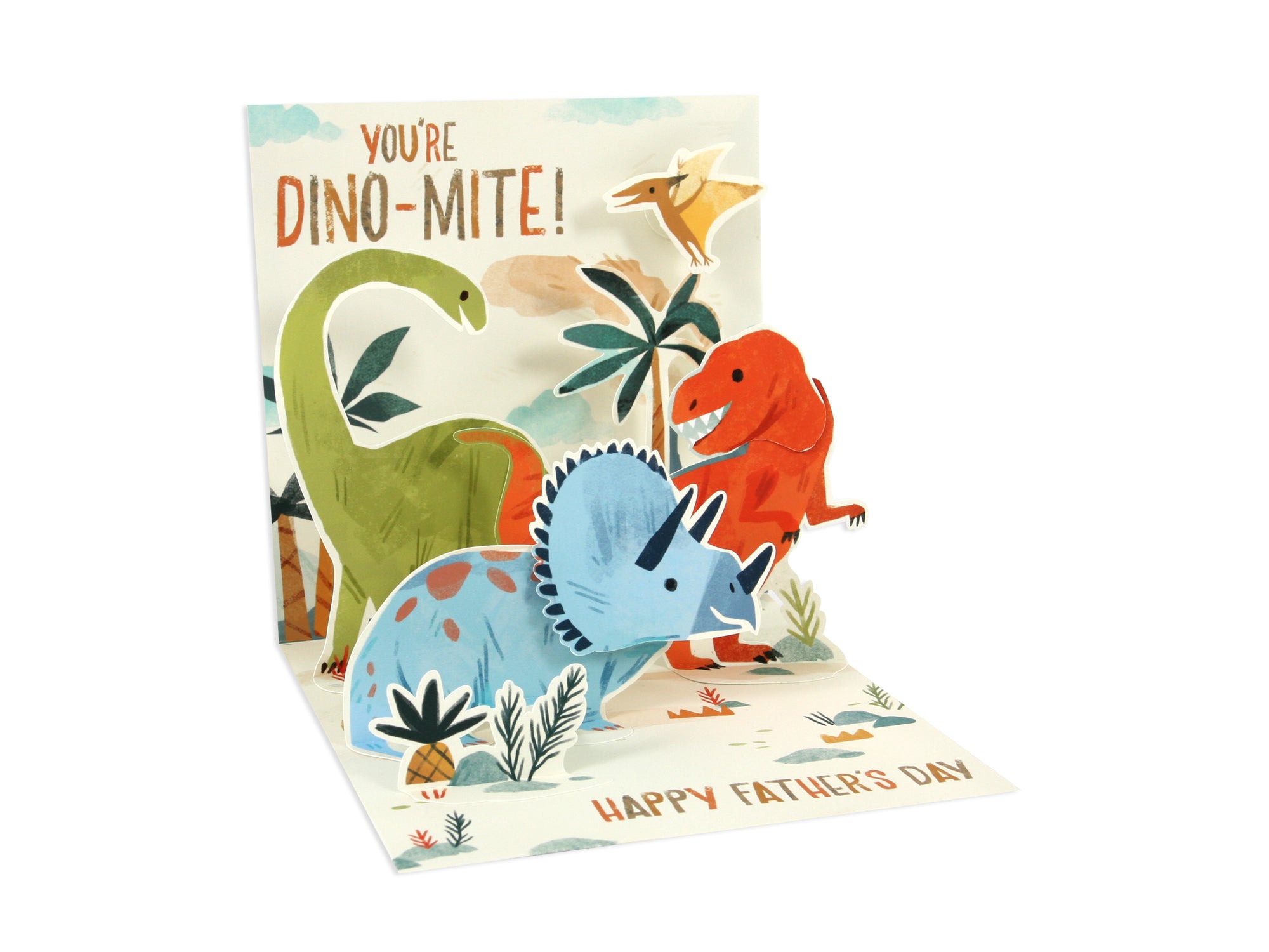 Pop-up Father's Day card featuring colorful dinosaurs and the message 'You're Dino-Mite!'.