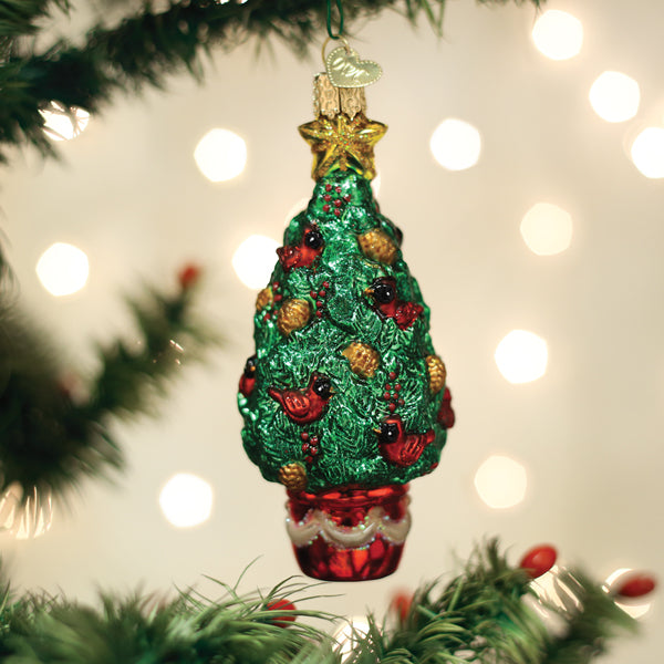 Glass cardinal Christmas tree ornament with red birds, gold pinecones, and a star topper.