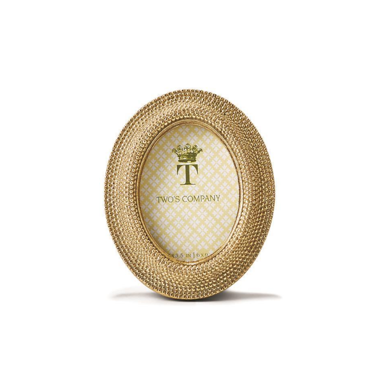 Oval Tuileries Golden Dots Photo Frame with a textured gold resin finish and easel stand.