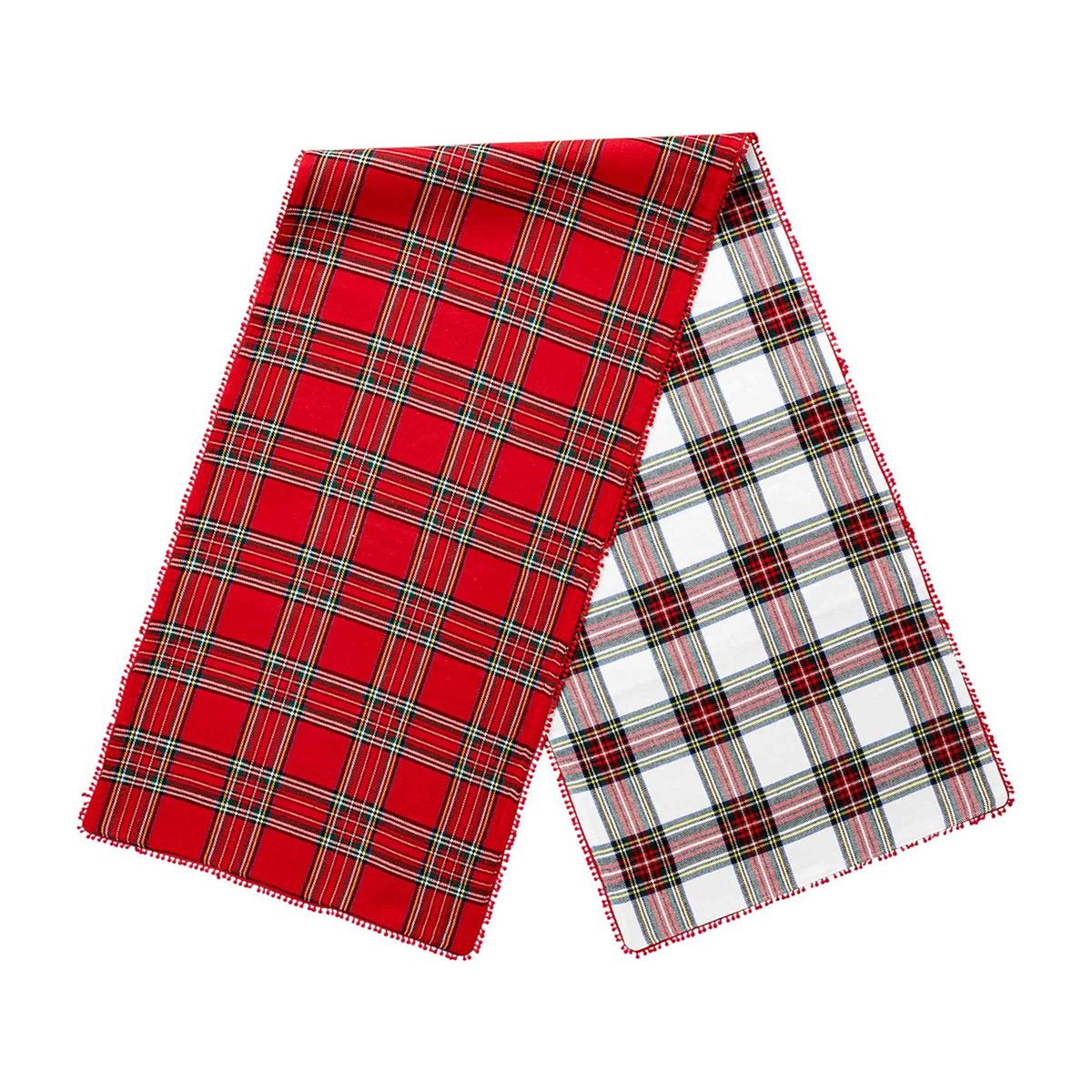Tartan Pom Runner rug in red plaid cotton with a rectangular silhouette.
