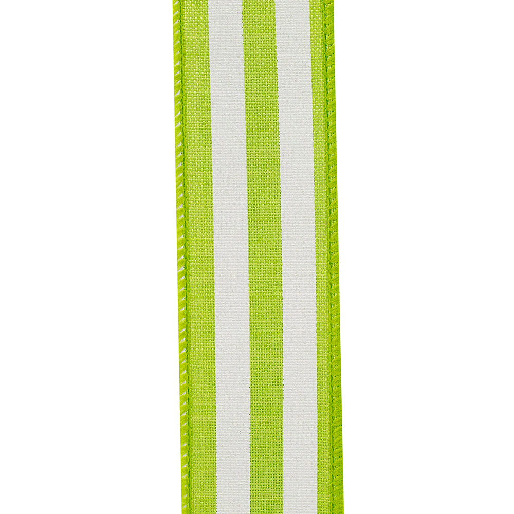 One-and-a-half inch continuous stripe wired edge ribbon in lime green polyester.
