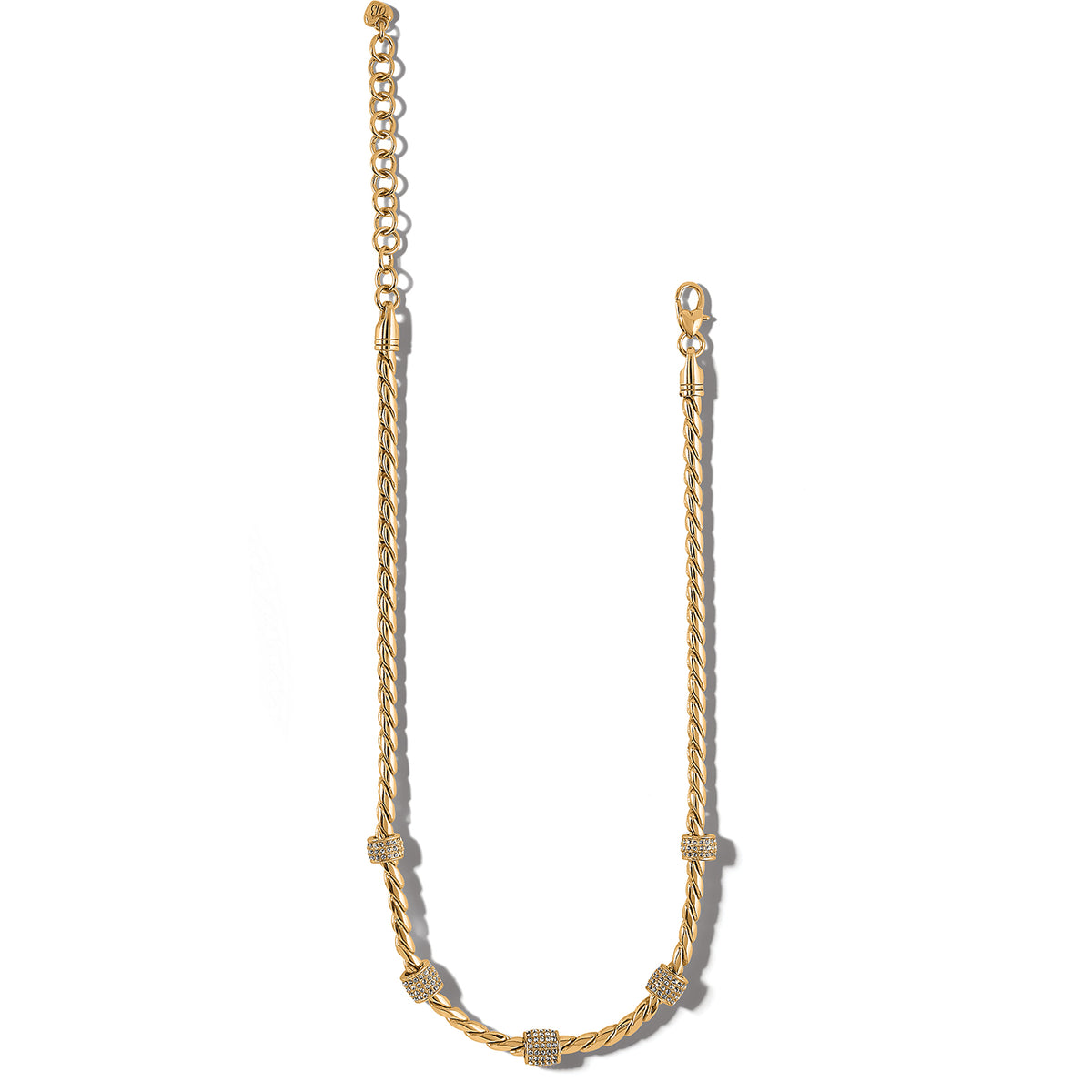 Gold plated necklace with fine-quality crystal pendants on a lobster claw closure.