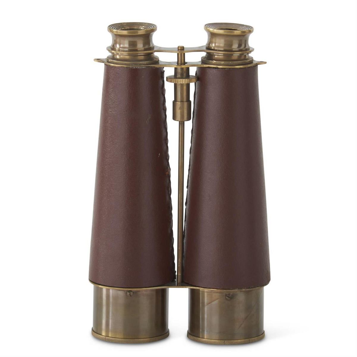 8.25-inch brass binoculars with textured brown vegan leather wrap and central adjustment wheel.