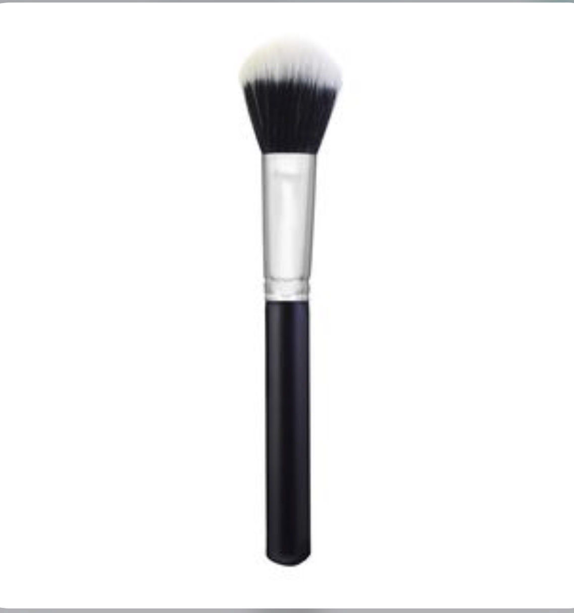 Tapered dual fiber powder brush with a black handle, silver ferrule, and black and white bristles.