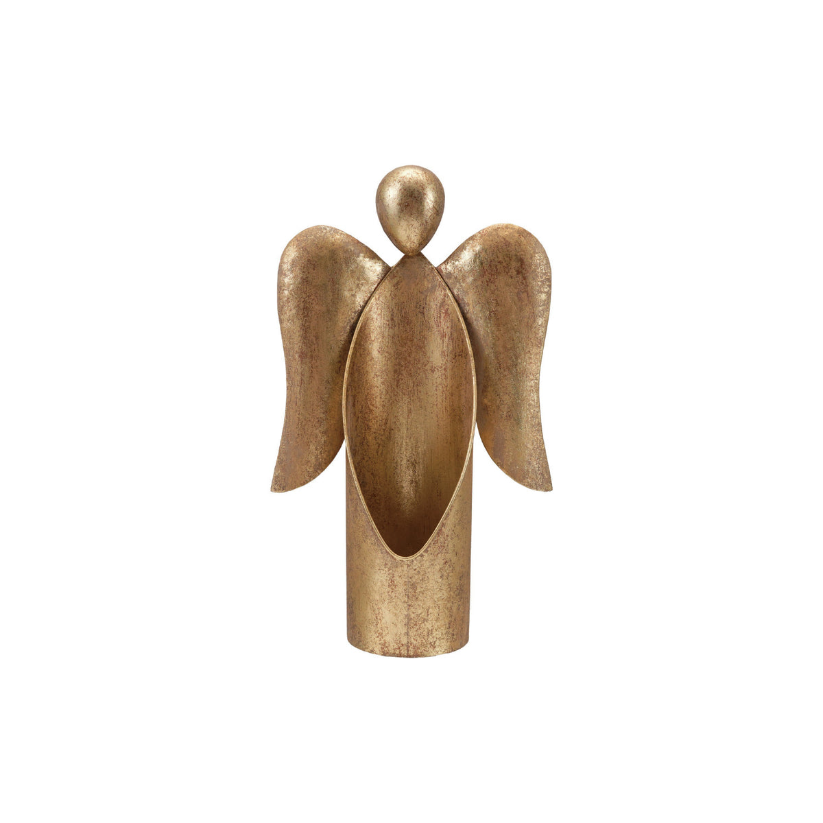 Antique gold metal angel figurine container with a hollow center and textured finish.