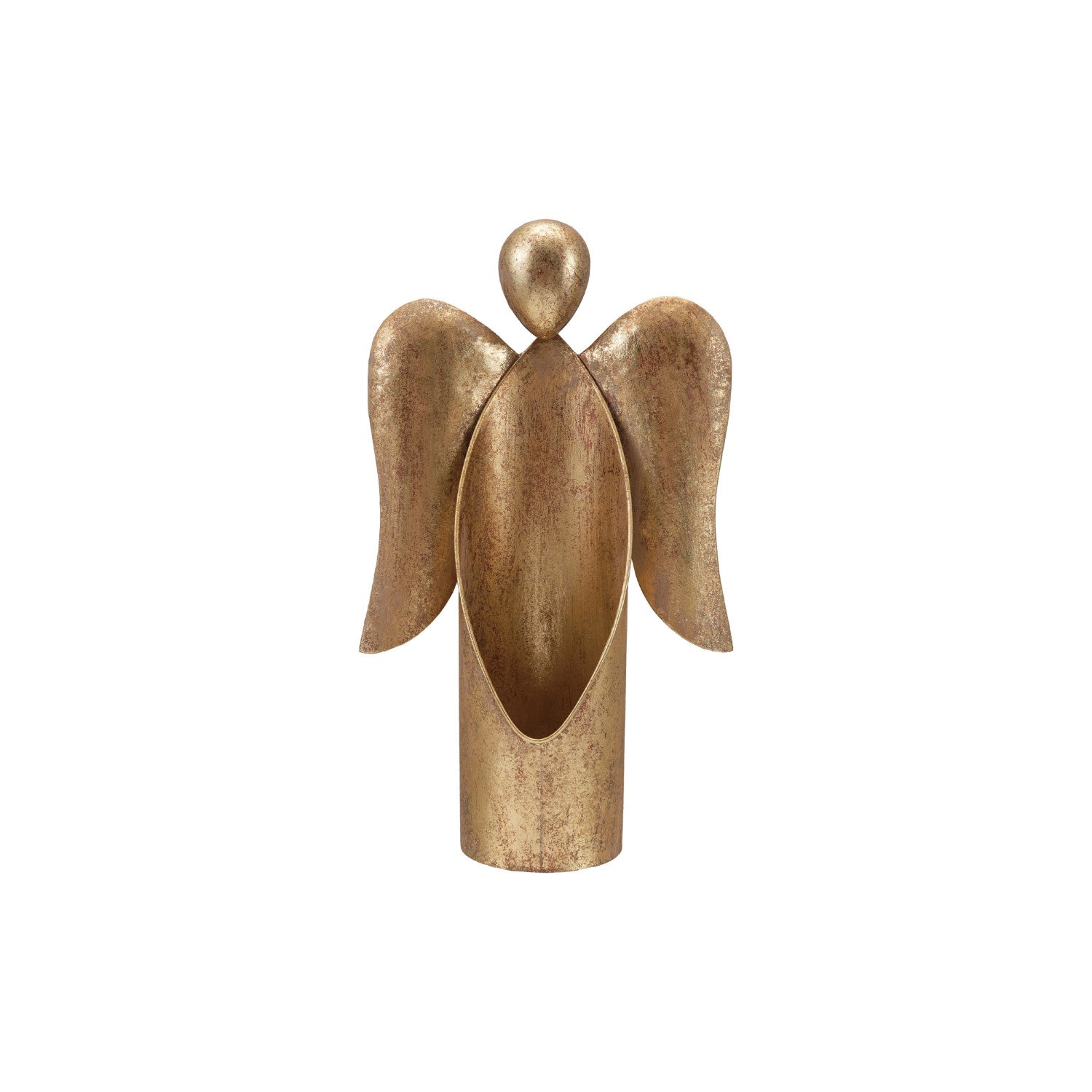 Antique gold metal angel figurine container with a hollow center and textured finish.