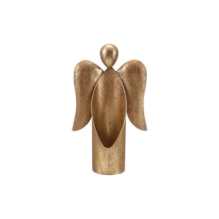 Antique gold metal angel figurine container with a hollow center and textured finish.