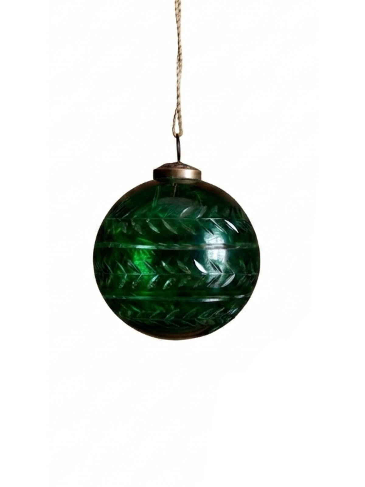 Holiday green cut glass 4-inch ball ornament with etched leaf patterns and a hanging string.