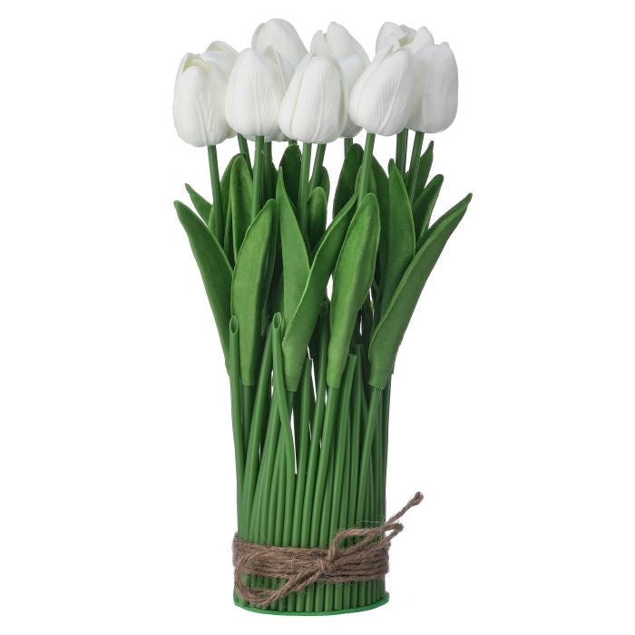 Twelve-inch Eva tulip centerpiece with leaves in bright sunny yellow