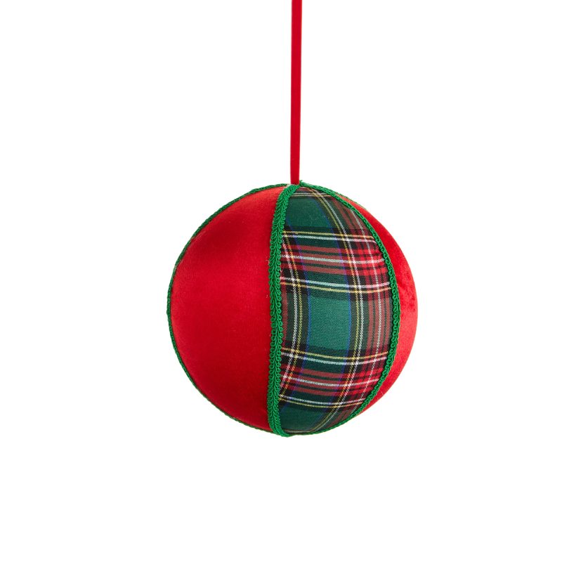 8-inch round Christmas ornament with red velvet and green plaid fabric panels and green trim.