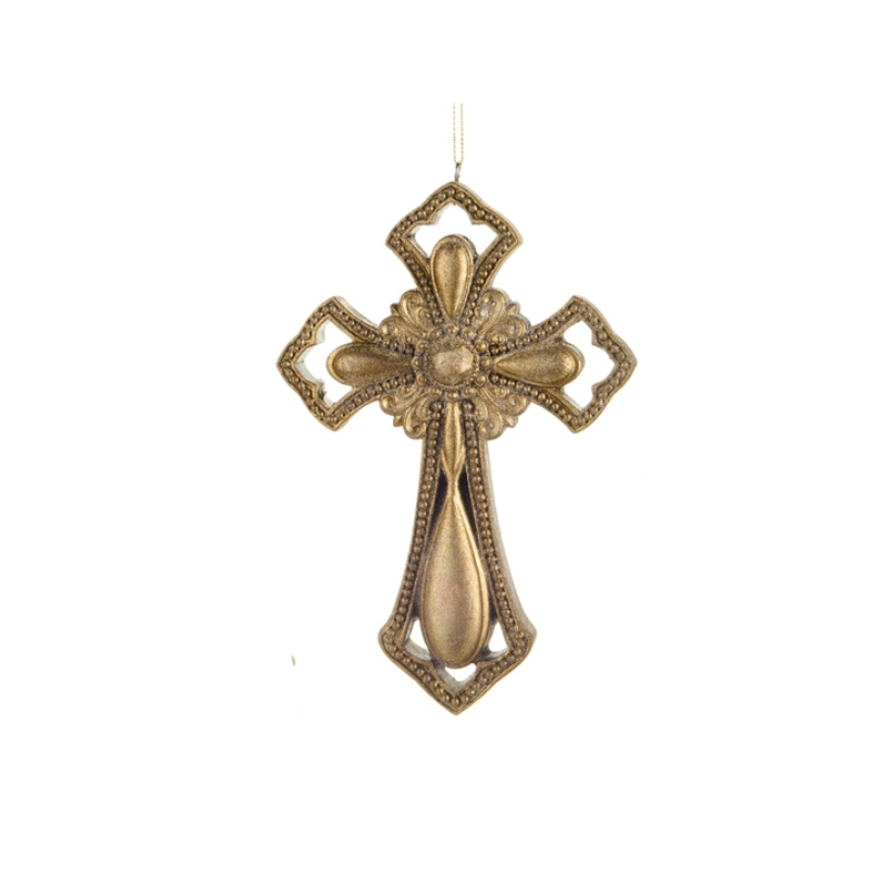 7-inch gold resin cross ornament with ornate filigree scrollwork and teardrop cutouts.