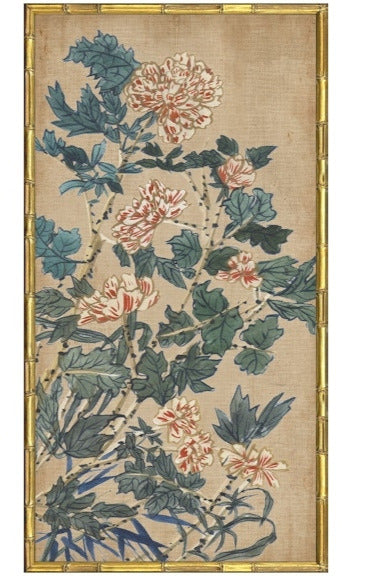 Vertical floral painting with pink and white blooms, green leaves, and a gold bamboo-style frame.