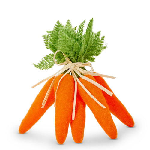 Plastic carrot bundle with flocked orange texture measuring six inches wide by twelve inches tall.