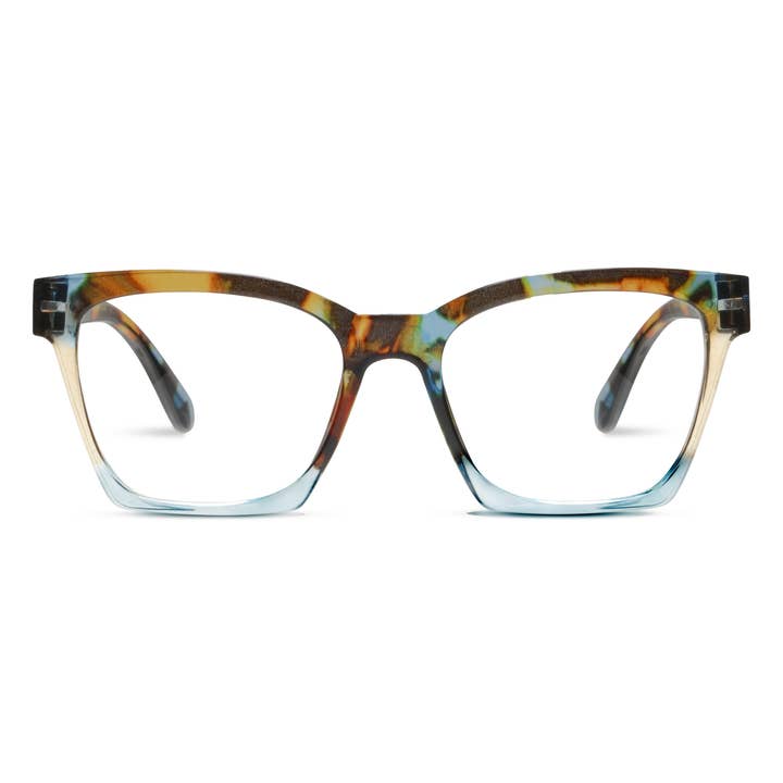 Birdie square-shaped blue light glasses with a multi-colored tortoiseshell and blue gradient frame.