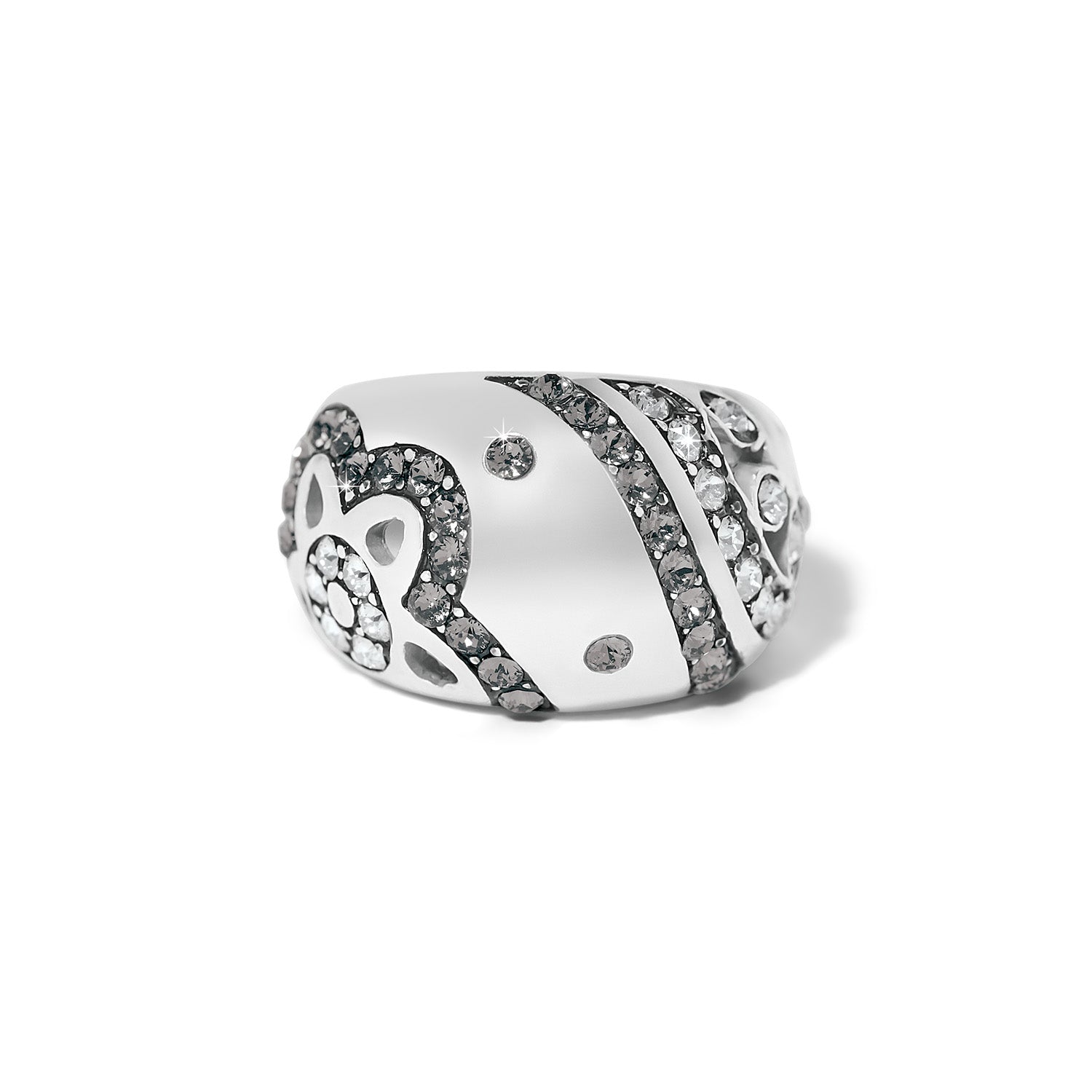 Silver plated Flora ring featuring delicate crystal accents in a feminine floral silhouette.