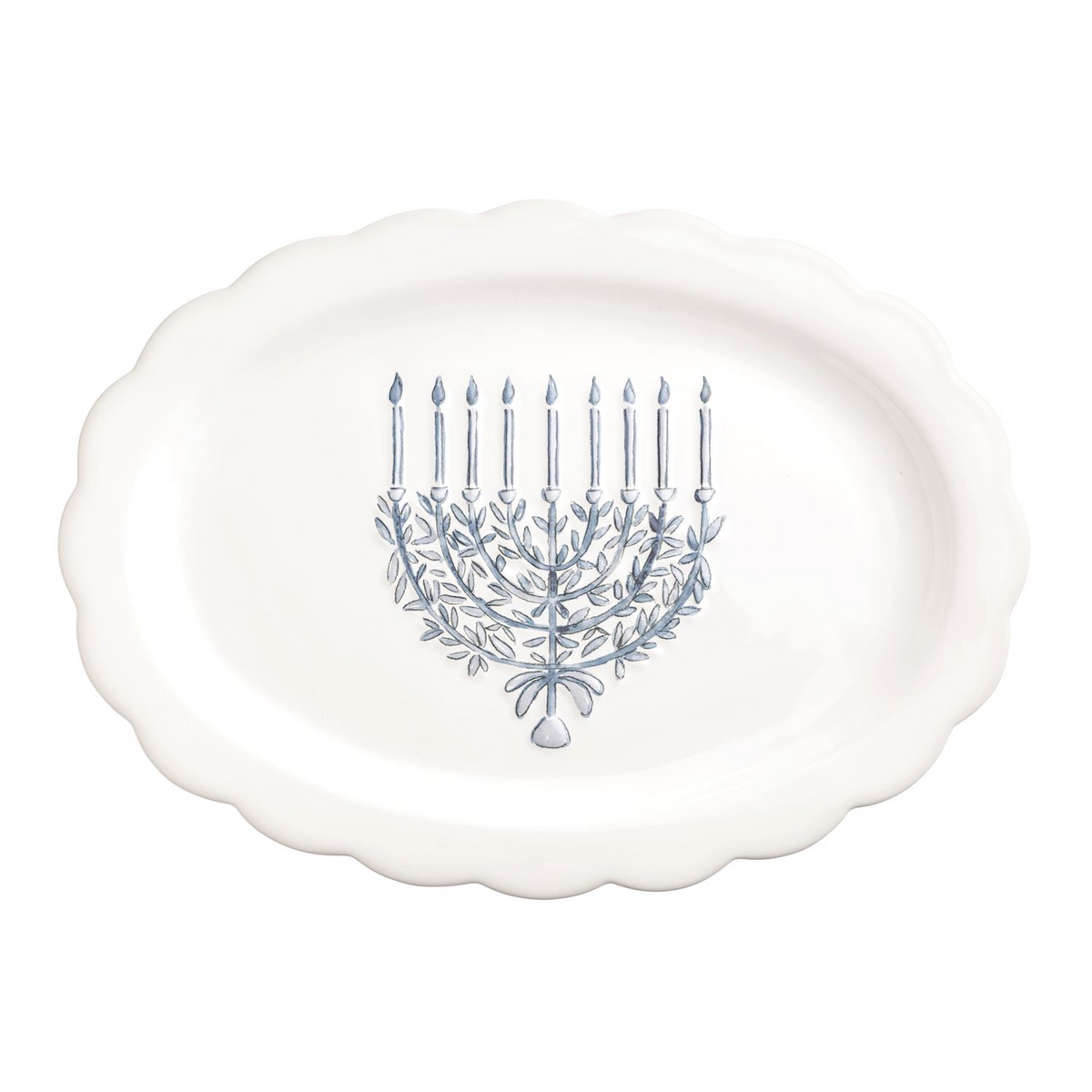 Oval white ceramic Hanukkah platter with a scalloped edge and a blue watercolor menorah design.