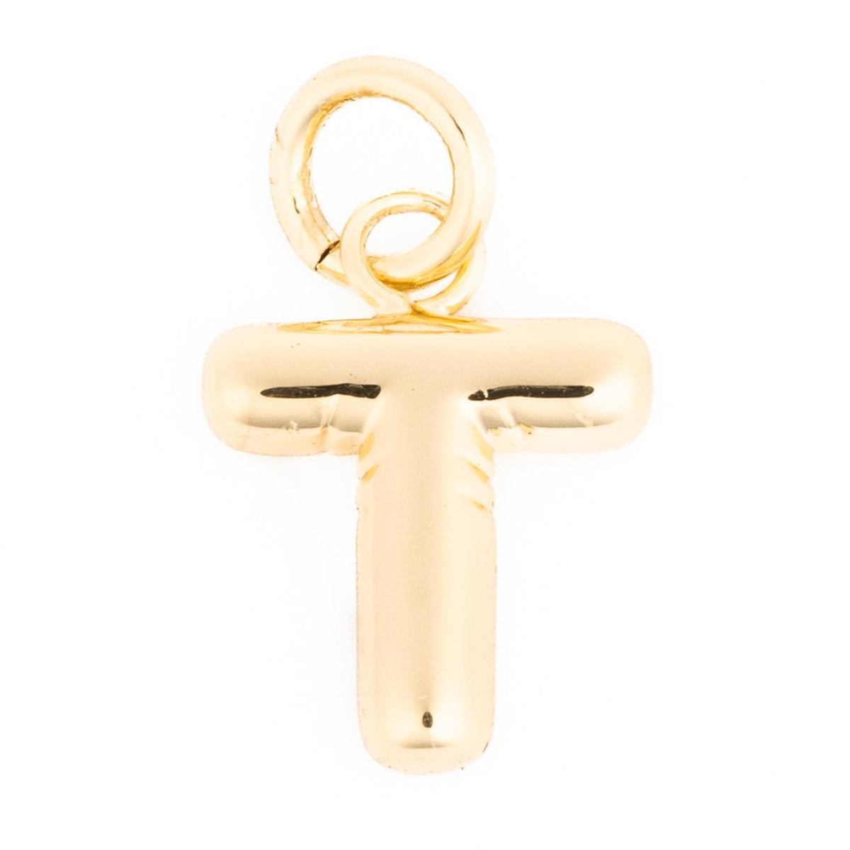 Gold balloon-style letter T charm with a polished finish and a circular bail.