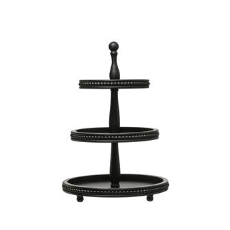 Decorative black 3-tier wood tray with beaded edges and a spindle center post.