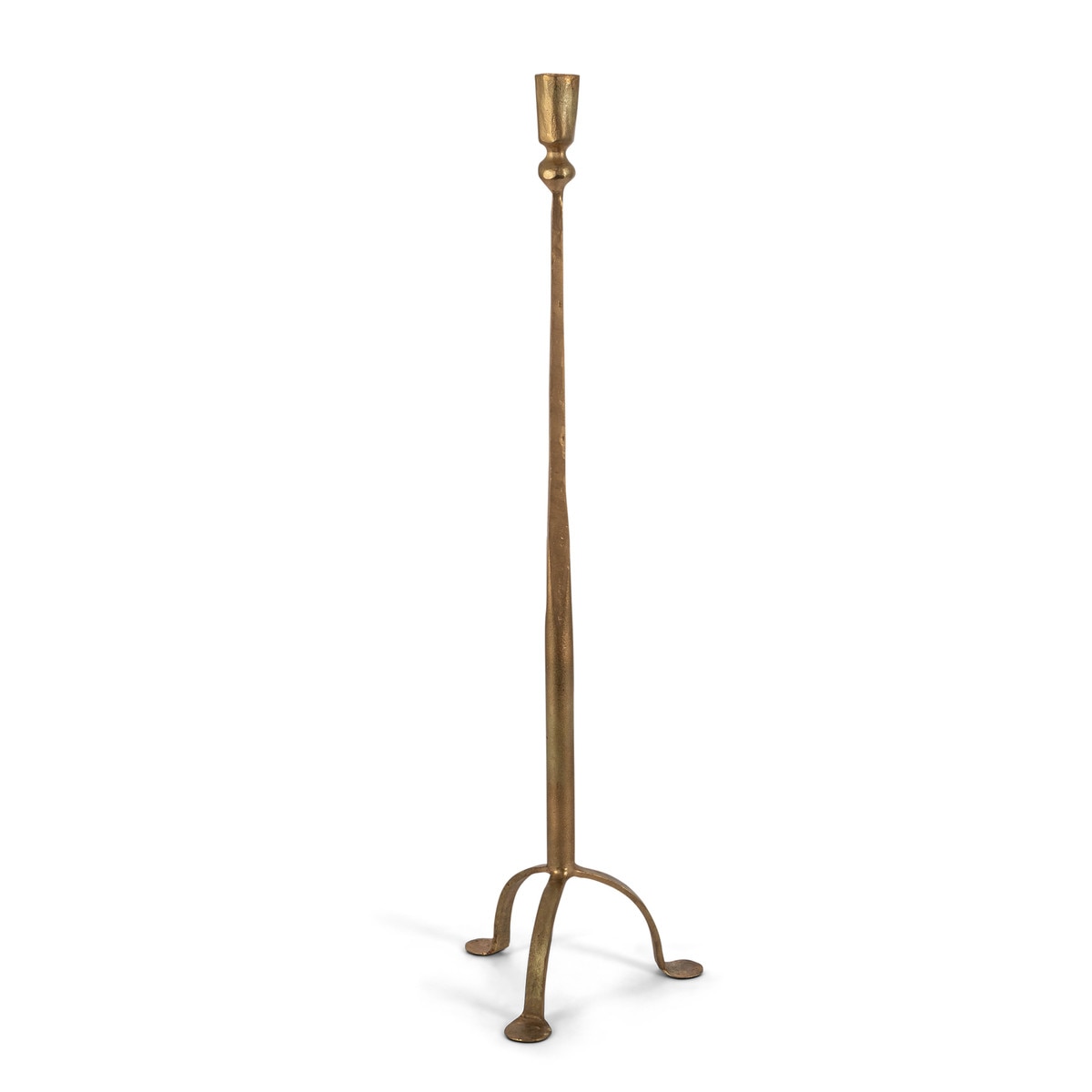 Tall antique gold iron candlestick with a slender stem and a tripod base.