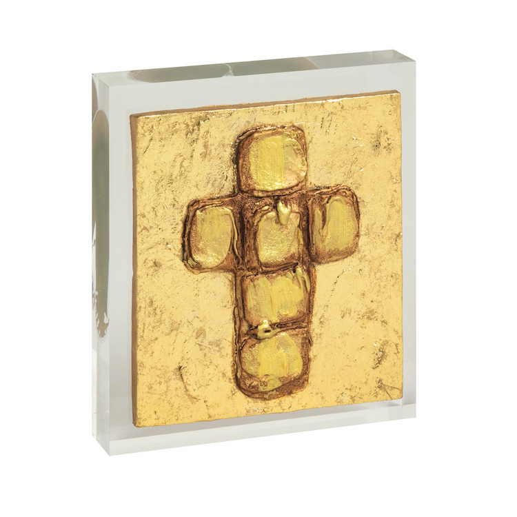 Acrylic block plaque with a gold-leafed plaster surface featuring a hand-painted cross design.