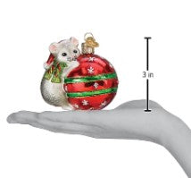 Playful Christmas mouse ornament hugging a red and green striped bauble, shown as 3 inches tall.