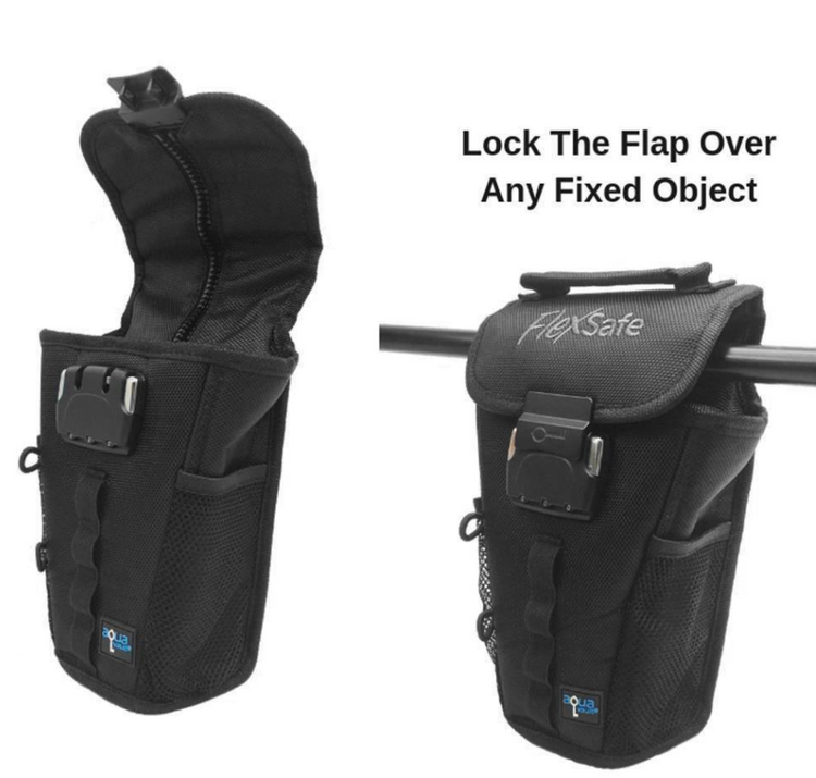Black FlexSafe portable travel safe with combination lock and mesh pockets, shown open and closed on a bar.