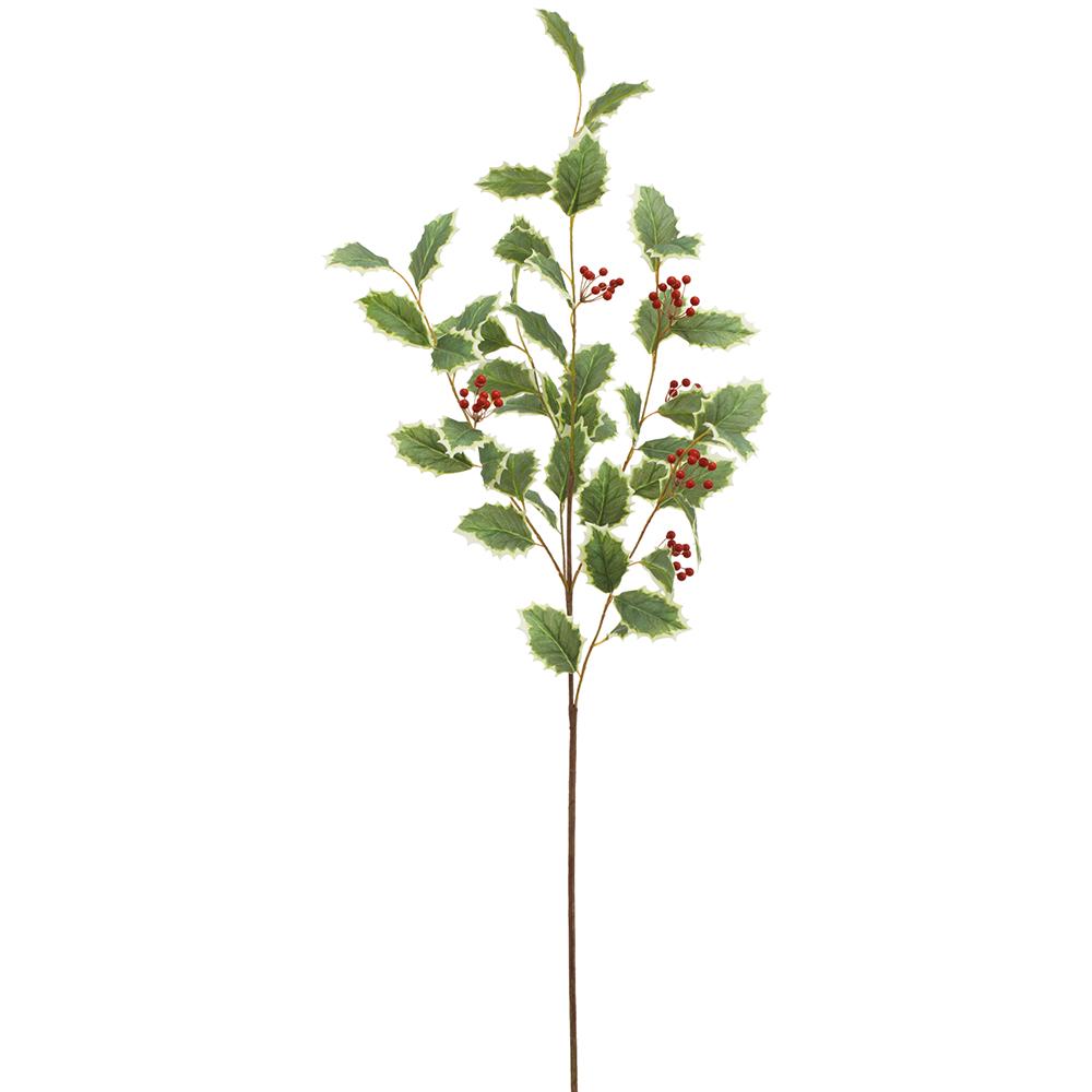 40-inch variegated holly spray with green and white leaves and clusters of red berries.