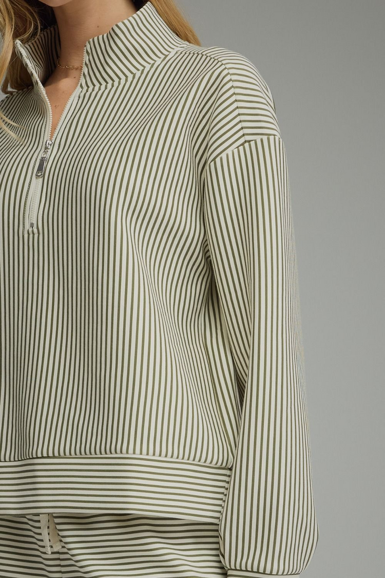 Melissa Stripe Long Sleeve Knit Top with olive green and white stripes and a quarter-zip front.