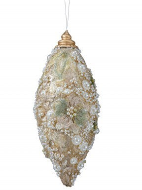 10-inch finial Christmas ornament with gold embroidery, white pearls, and glitter accents.