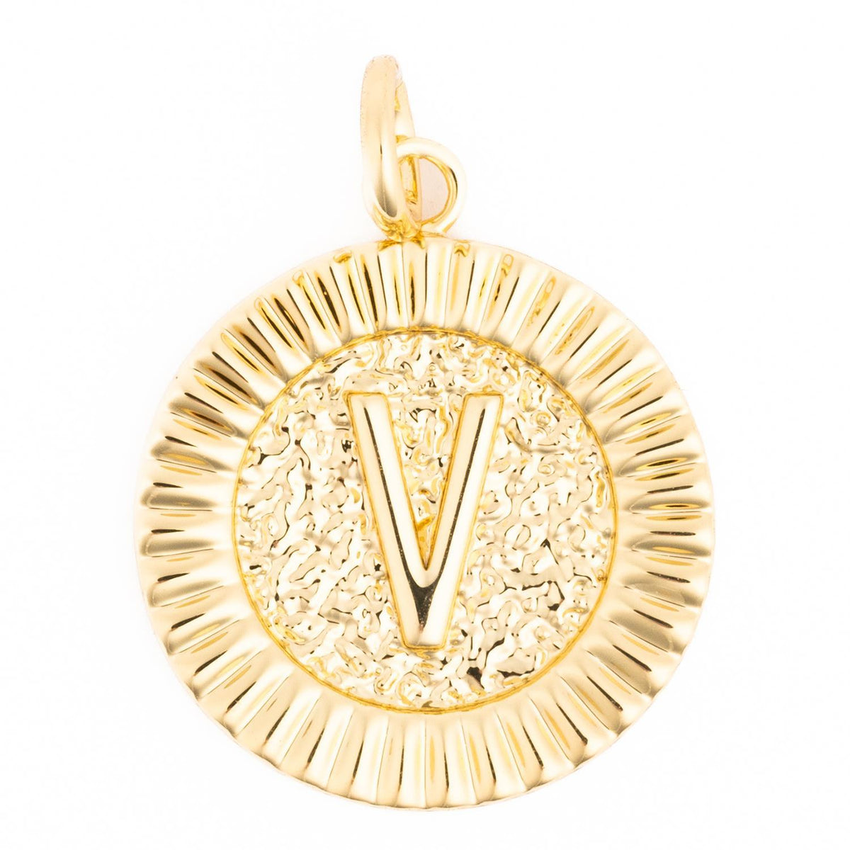 Gold round McKenna charm with a textured center and a raised letter V.