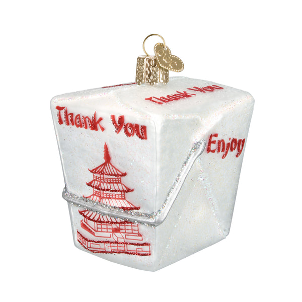 Sparkly white glass Chinese take-out box ornament with red pagoda design and "Thank You" text.