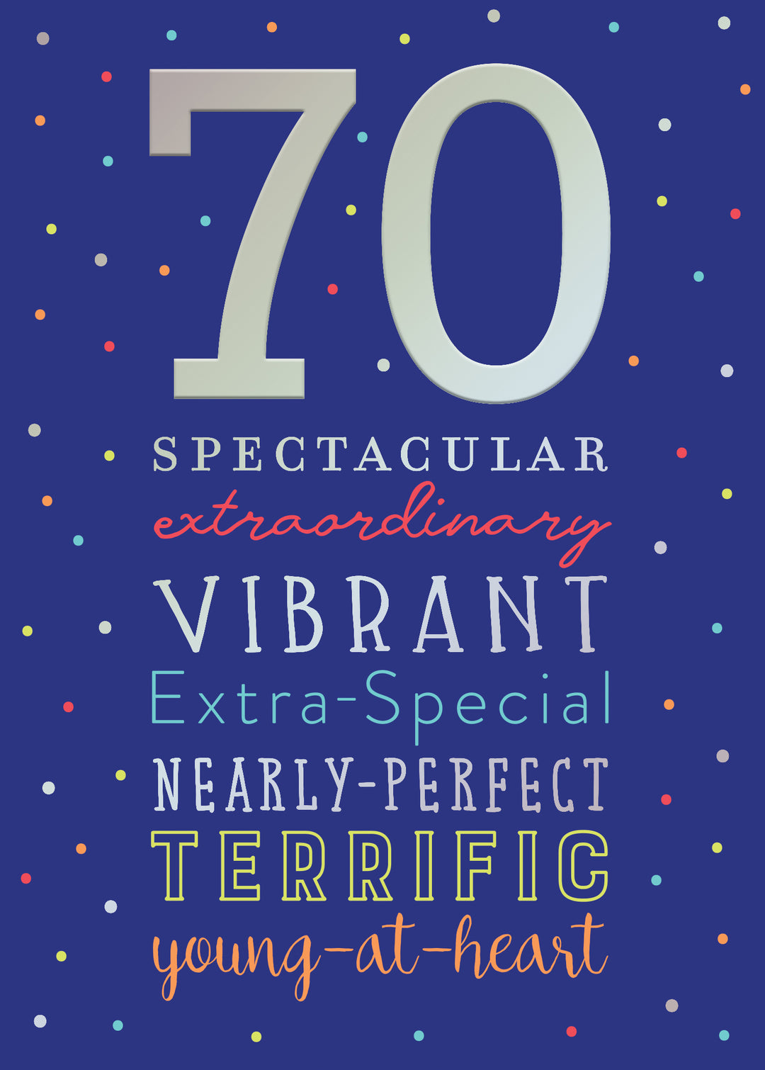 A blue greeting card with the number 70 in large silver font, surrounded by colorful dots and descriptive words like 'Spectacular' and 'Terrific'.