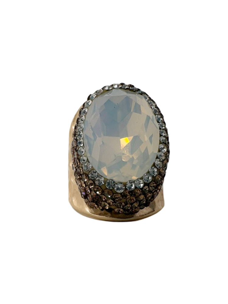 Queen of Sheba Fashion Ring featuring a large oval white stone surrounded by crystal accents.