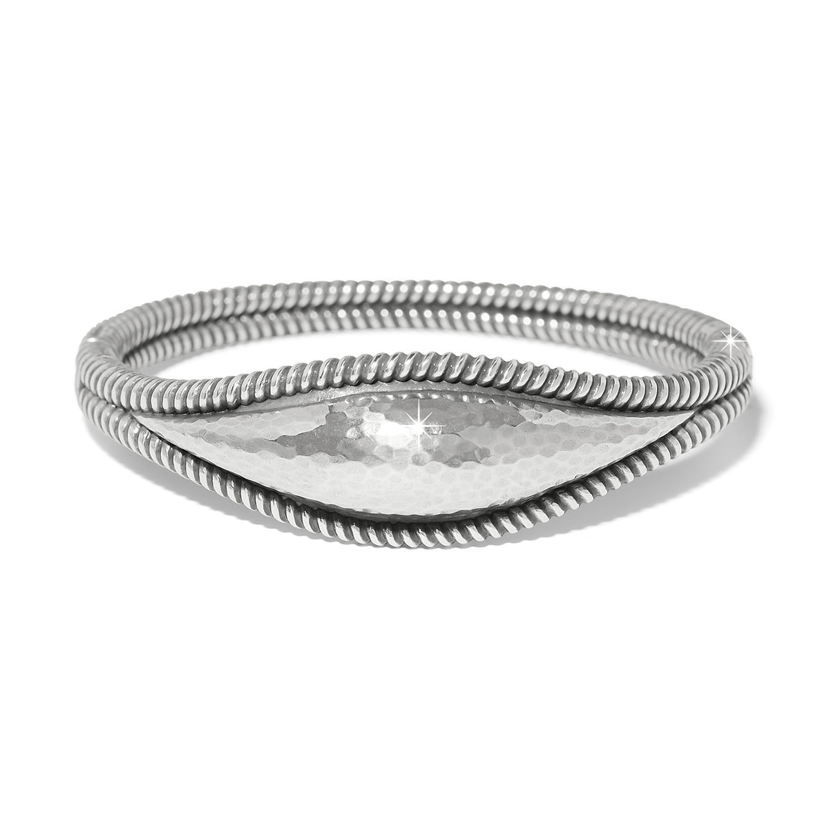 Silver plated hinged bracelet with a 3/4 inch width.