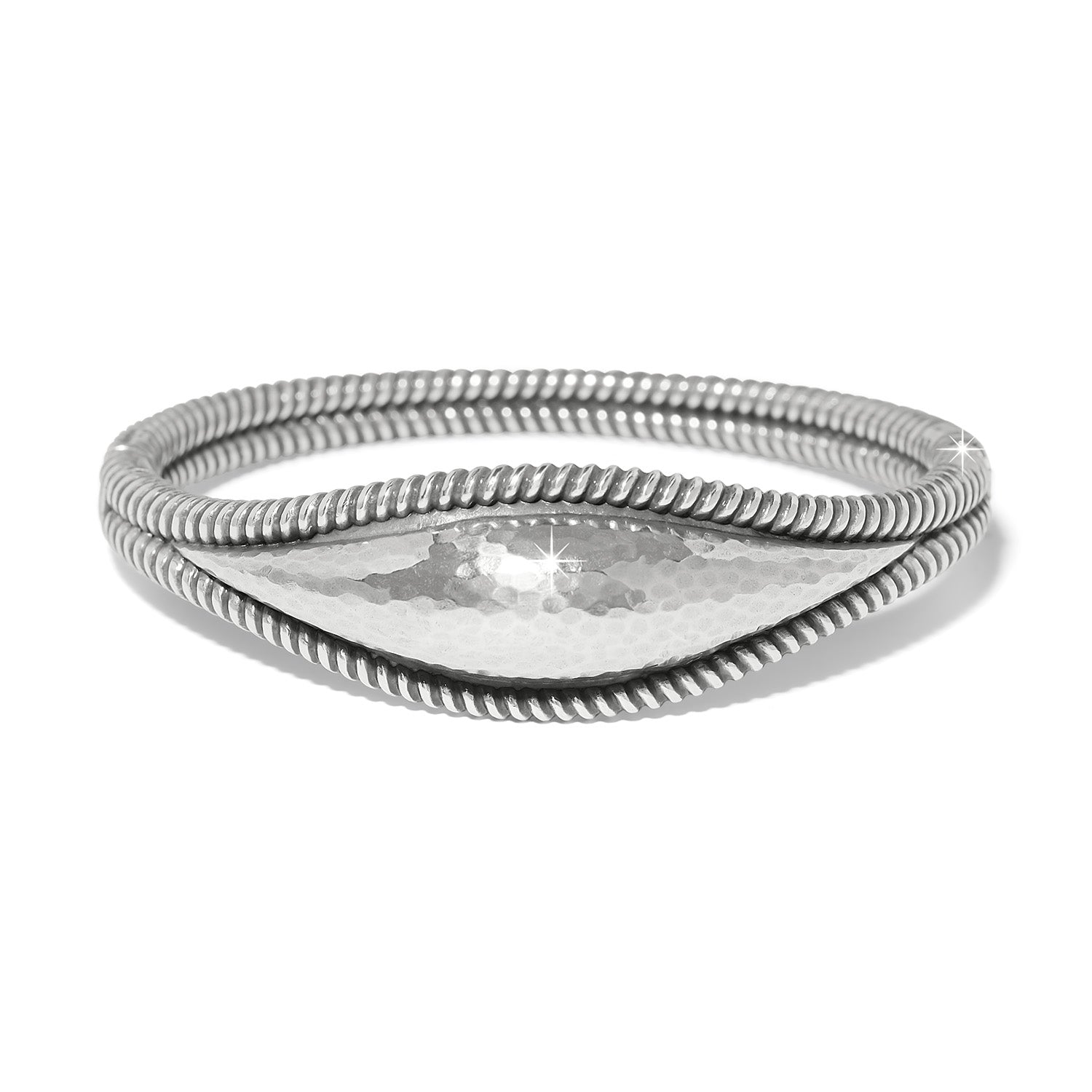 Silver plated hinged bracelet with a 3/4 inch width.