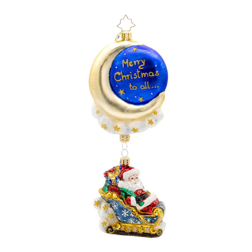 Moonlight Sleigh Ride ornament with Santa in a blue sleigh hanging below a crescent moon.