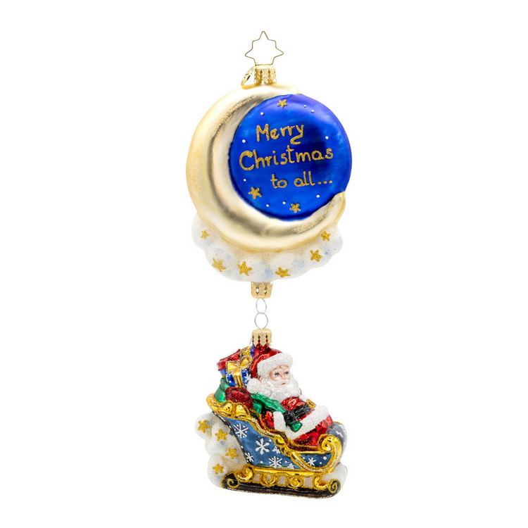 Moonlight Sleigh Ride ornament with Santa in a blue sleigh hanging below a crescent moon.