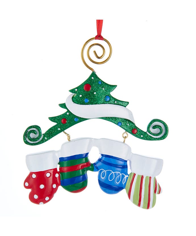 5.12-inch resin Christmas ornament featuring four colorful mittens hanging from a green glitter tree