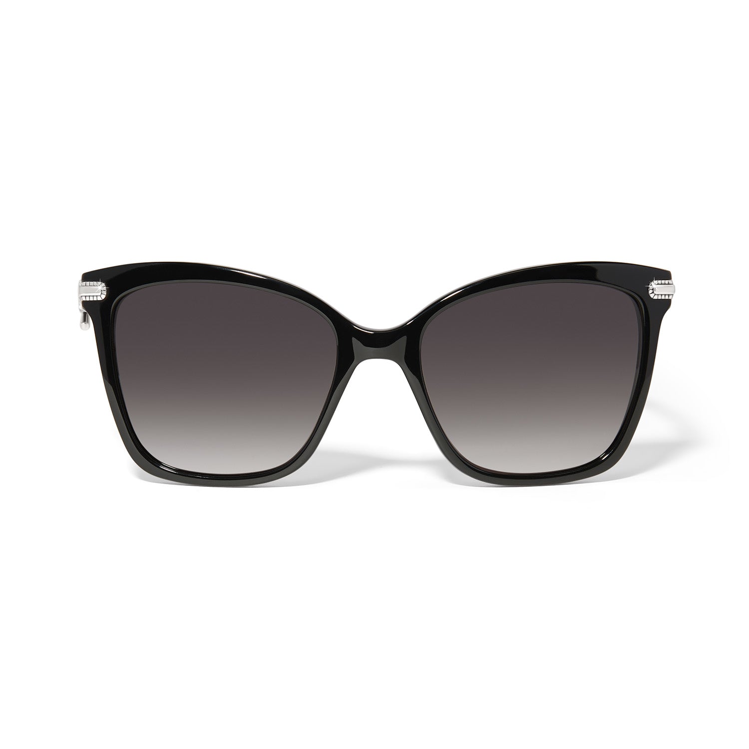 Black cat eye sunglasses with silver plated accents offering UVA/UVB protection