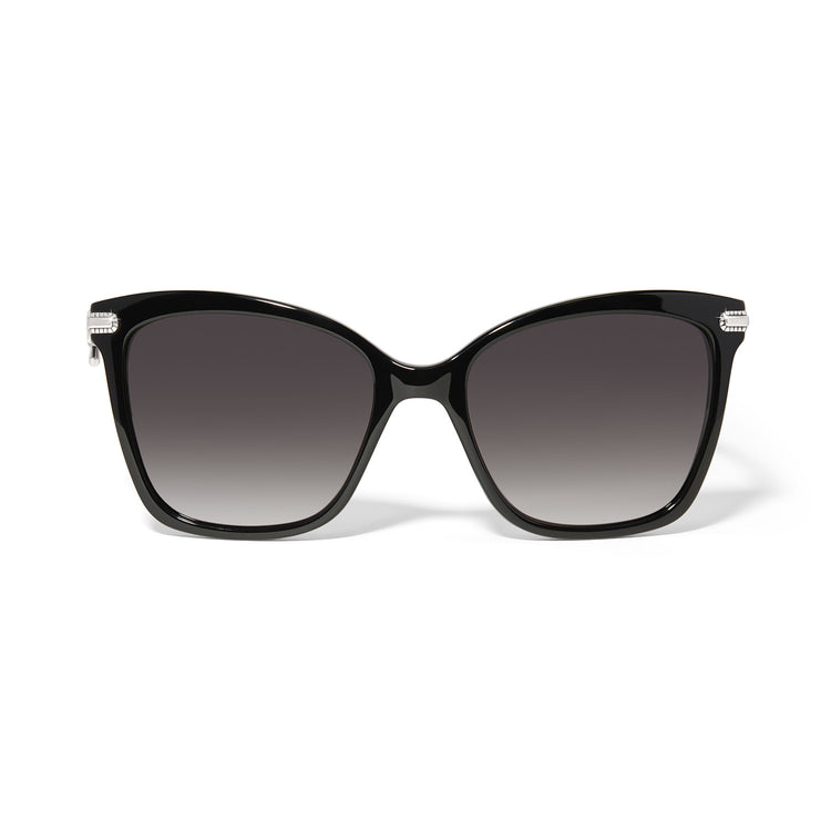 Black cat eye sunglasses with silver plated accents offering UVA/UVB protection