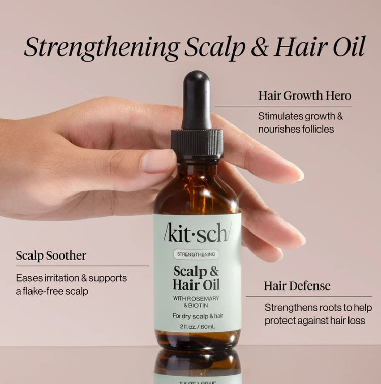 Kitsch Strengthening Scalp & Hair Oil with rosemary and biotin in a 2 fl. oz. amber glass bottle.