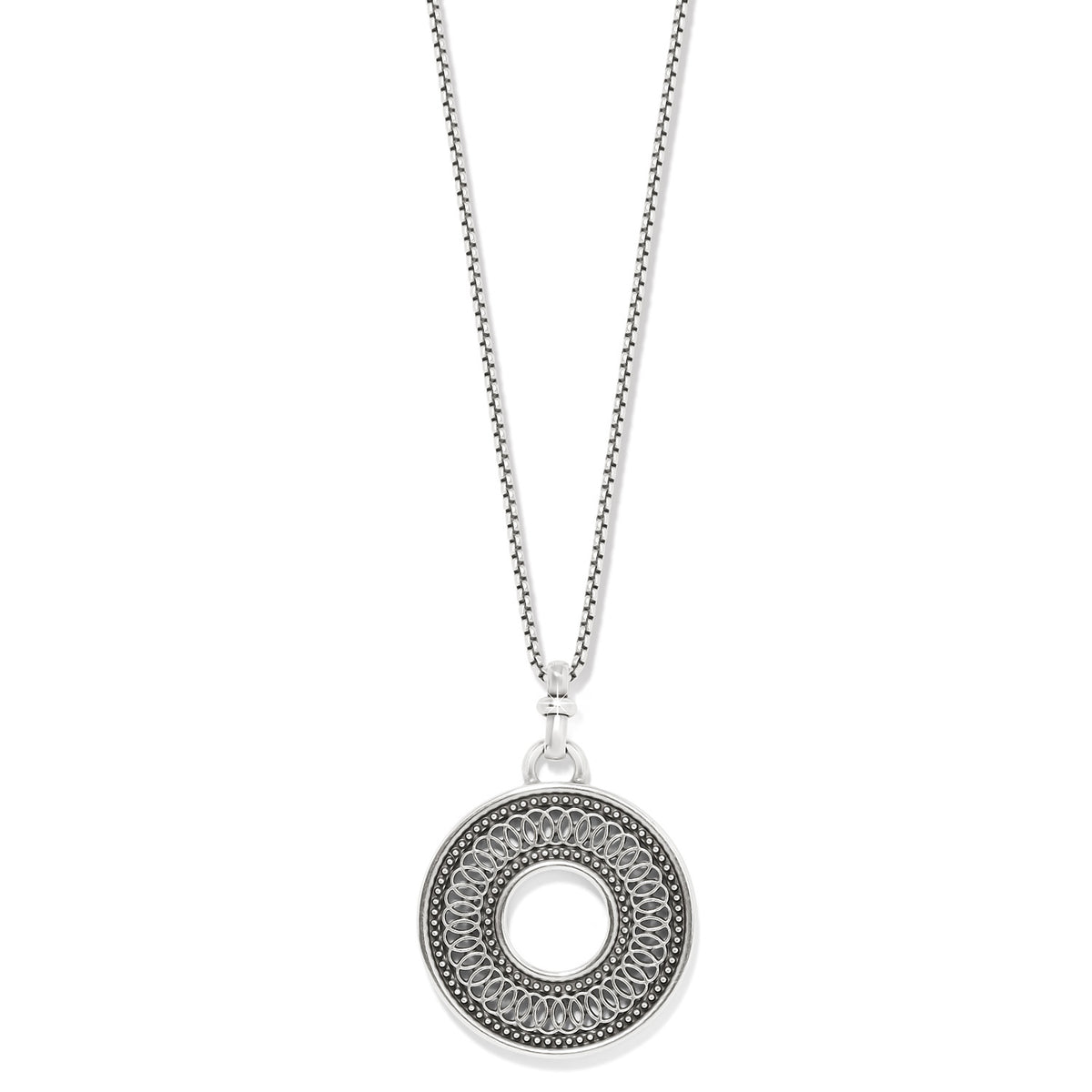 Ferrara Siena Round Necklace featuring a silver-plated circular pendant with intricate scrollwork.