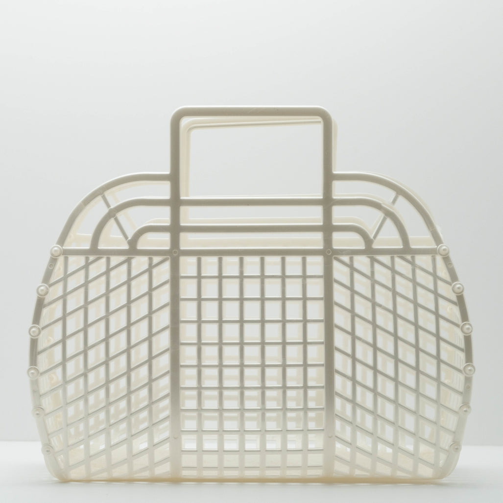 Large retro jelly basket in translucent blue with snap-bead construction.