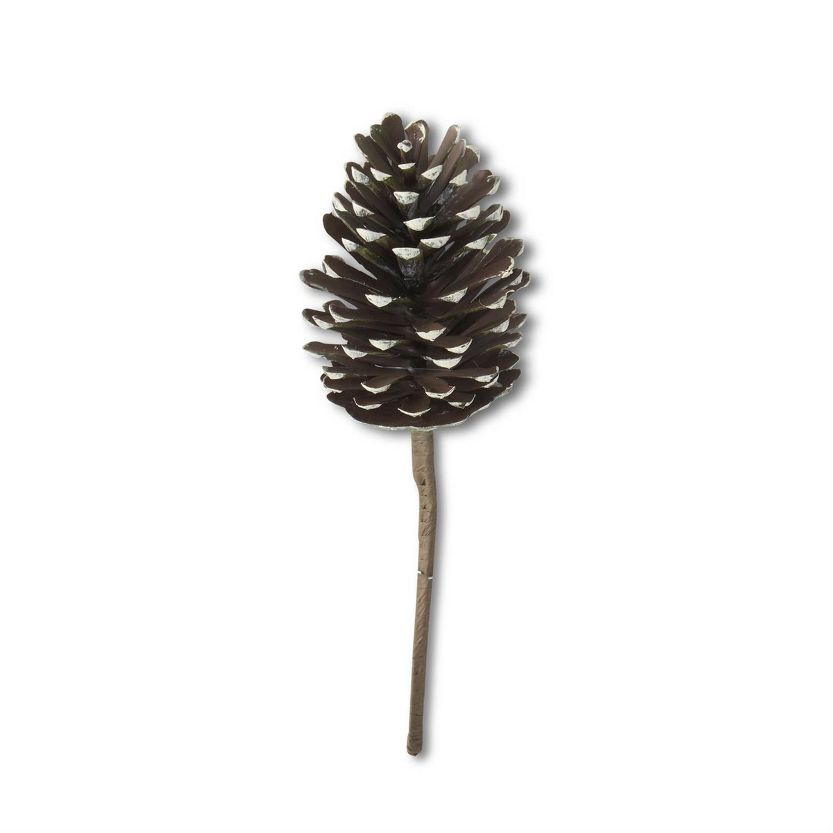 12.5 inch natural brown pinecone pick with white frosted tips on a brown stem.