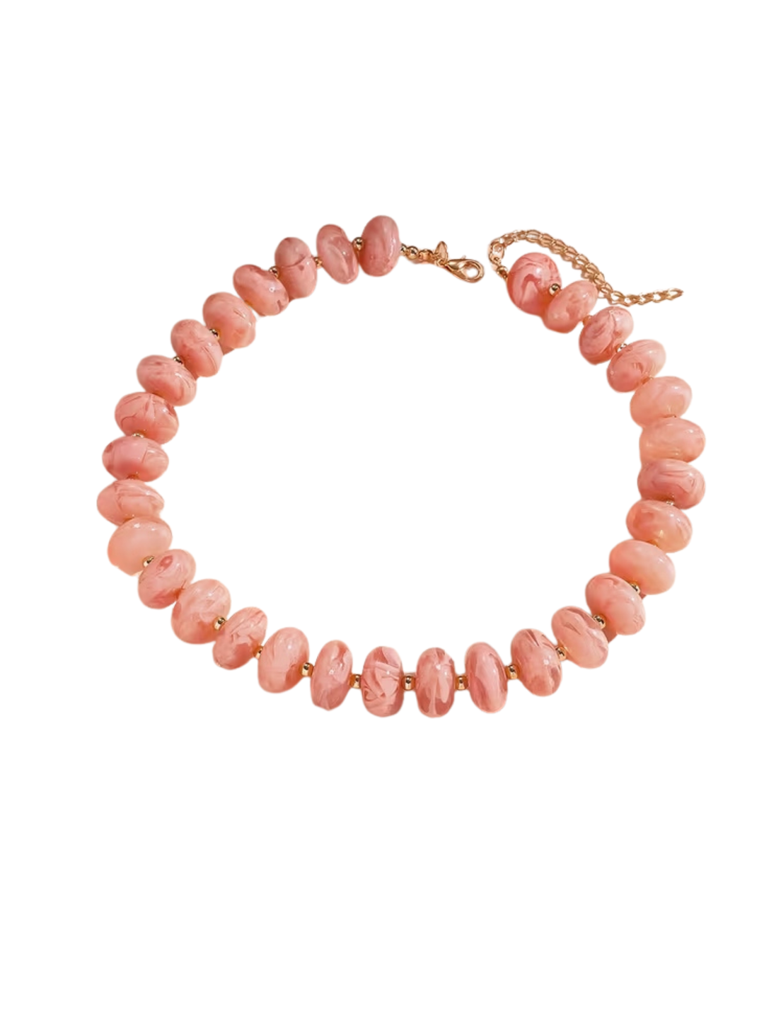 Gradient pink marbled bead necklace with gold-tone lobster clasp and extender chain.